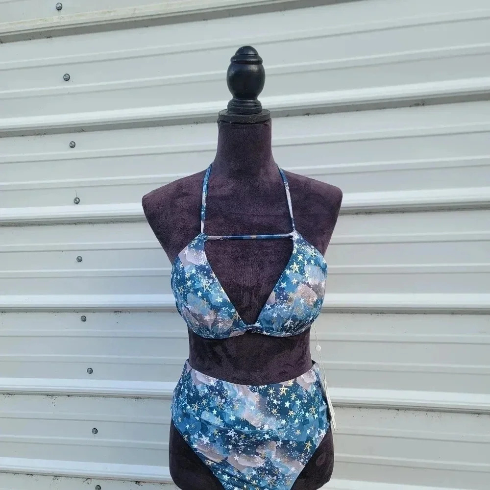 NWT B SWIM Nebula Blue Gold Set Triangle Top High-Waist Bikini Swim Bottom Sz L